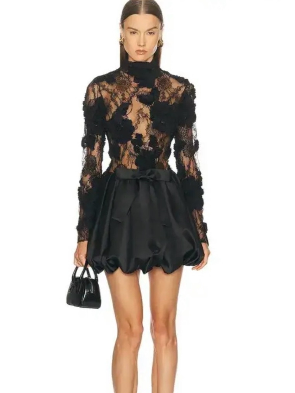 Aknvas Black Lace Floral Bubble Mini Skirt with Bow Waist
